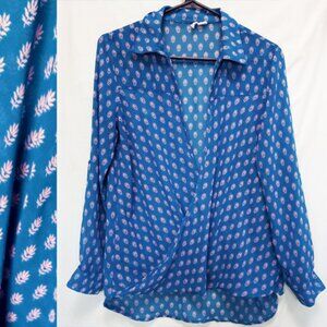 Japna Elegant Sheer Surplice Flowy Top Blouse Teal & Dusty Mauve Size LG